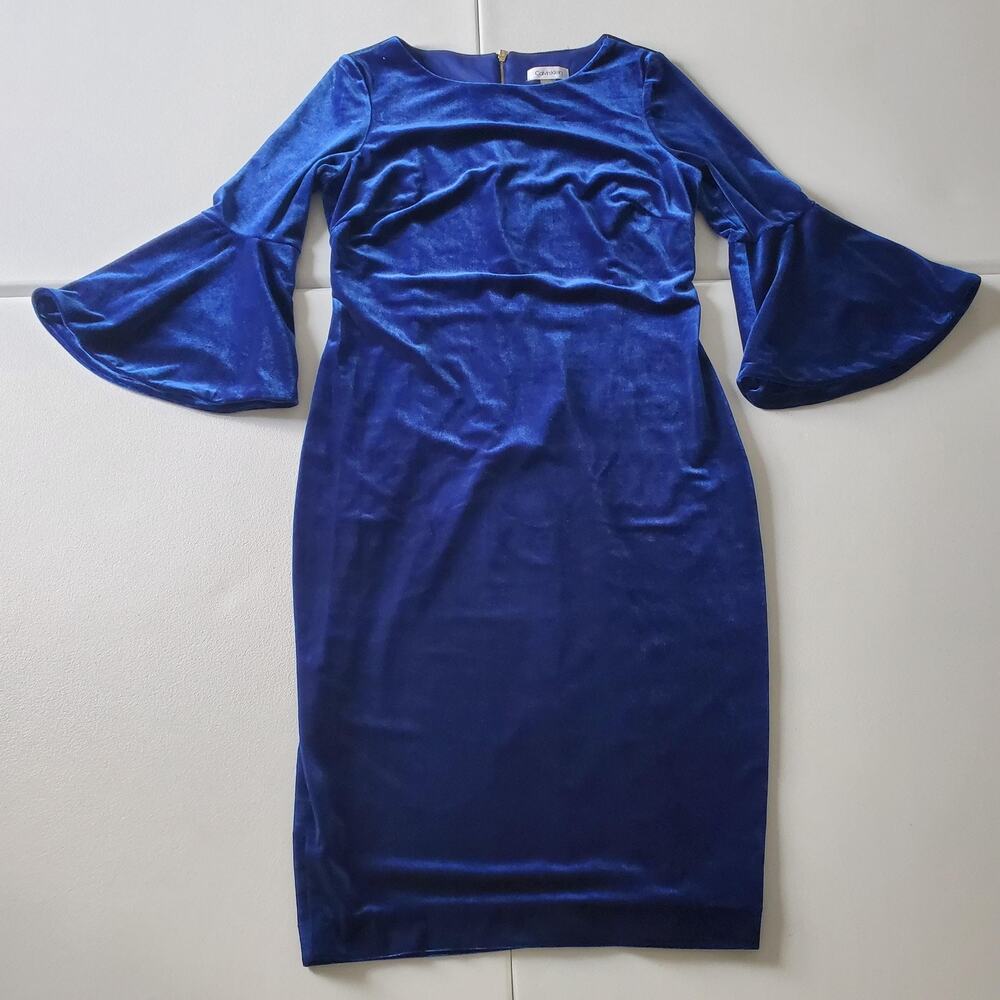 Calvin Klein Dress Womens 6 Blue Velvet Bell Sleeve Sheath Stretch Party Midi